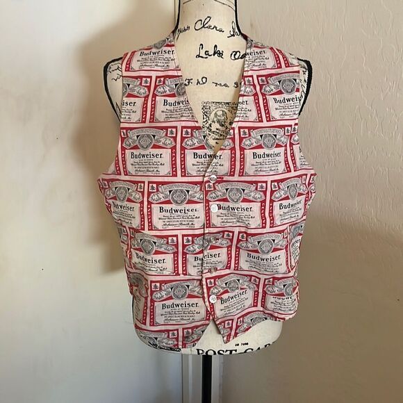 Vintage Budweiser Beer Red White Allover Print Reversible Button Closure Vest - Picture 1 of 11